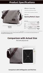 Grey canvas messenger bag size comparison with iPad and dimensions 33x28x8cm
