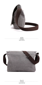 Detailed side and back view of gray canvas messenger bag with adjustable strap