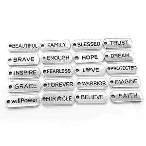 Set of 20 rectangular silver alloy pendants with engraved inspirational English words
