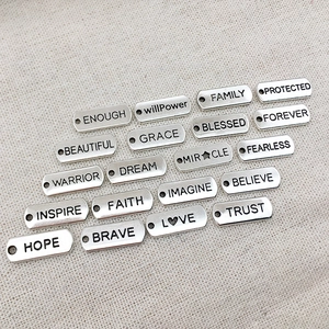 Set of 40 antique silver rectangle alloy charms with inspirational engraved words