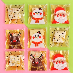 Christmas self-adhesive treat bags with snowman, Santa, and elk patterns for gift cookies