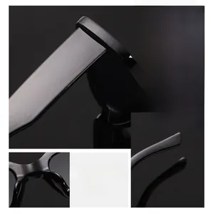Detail view of comfortable black rectangular frames with ergonomic curved temple tips