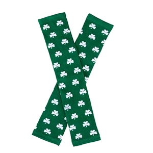 Close-up of green fingerless long gloves featuring white clover patterns for St. Patrick's Day