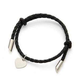 Minimalist black braided PU cord bracelet featuring a polished silver heart charm on white background