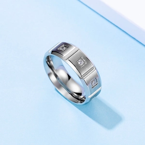 Matte silver brushed 18K gold plated ring with three square crystals at a 45-degree angle