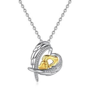 Silver heart wings necklace with gold parent-child hands and sparkling zircons