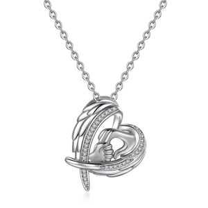 Silver heart necklace with angel wings and mother-child hand relief in polished finish