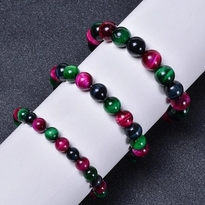Bracelet en perles d'oeil de tigre naturel avec perles rondes tricolores sur support