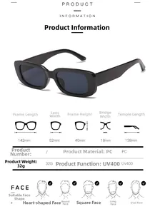 Detailed size guide and UV400 specifications for stylish rectangle frame sunglasses