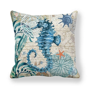 Vintage ocean peach skin pillowcase with blue seahorse and starfish on nautical map