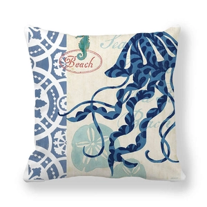 Close-up of peach skin pillowcase featuring blue jellyfish and starfish marine pattern