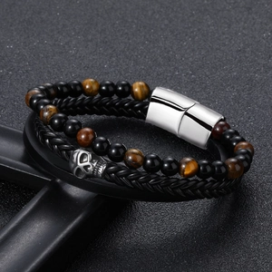 Men's double-layer punk bracelet with skull charm, natural stones, and braided leather