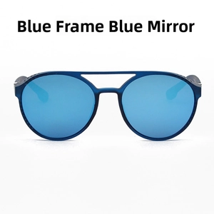 Detail von Steampunk-Sonnenbrille mit blauem Rahmen und blau verspiegelten Gläsern