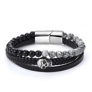 Punk multi-layer men's leather bracelet with silver skull pendant and natural stone beads
