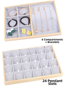 Detail of wooden jewelry tray with 6-compartment and 24-slot velvet lining