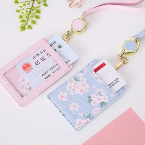 PU leather ID card holder with retractable lanyard and cross pattern texture