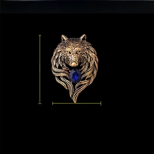 Macro detail of a vintage gold wolf brooch featuring an oval blue gemstone inlay