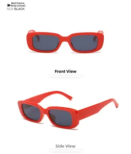 Detail view of red rectangular sunglasses with grey lenses from front and side angles