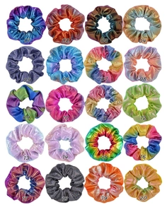 Detailed grid showing 20 colors of metallic laser fabric hair scrunchies with shiny texture