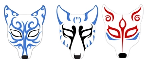 Three hand-painted Japanese Kitsune fox masks with blue and red classic floral patterns