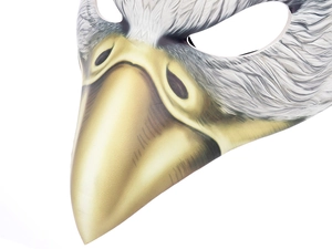 Macro detail of a realistic white eagle mask showing texture of the beak and eyes