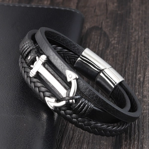 Men's multi-layer black leather bracelet with silver anchor and magnetic clasp