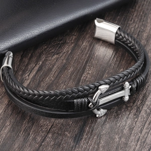 Men's double-layer braided leather bracelet with silver anchor and magnetic clasp