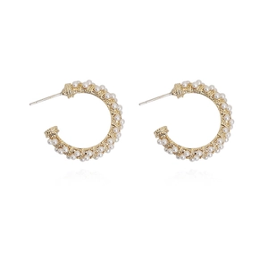 Elegant C-shaped hollow hoop earrings with gold braided texture and small white pearls