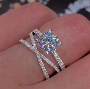 Alloy Rhinestone Double Layer Crossed Engagement Ring For Women Sparkling Round Stone Wedding Jewelry Finger Ring