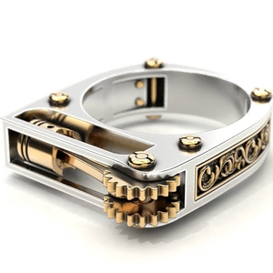 Mechanical gear ring with silver and gold accents and industrial engine design details