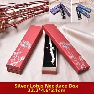 Silver stamped lotus necklace box with velvet lining in red, blue and purple