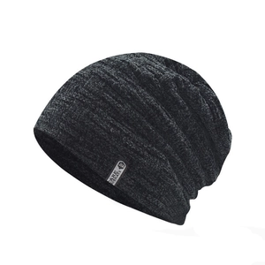 Winter chunky chenille knit beanie hat with fleece lining in dark grey for men and women