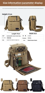 Detailed size chart and specifications for men's canvas crossbody bag including dimensions