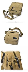Close-up of durable canvas messenger bag showing metal snap buttons and smooth zippers