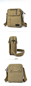Detailed views of a khaki canvas crossbody bag showing side, front, and back angles