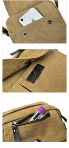 Detailed macro view of heavy-duty canvas bag featuring metal snaps and zipper pockets