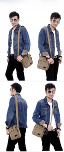 Multi-angle view of men's khaki canvas crossbody bag with adjustable straps and compartments