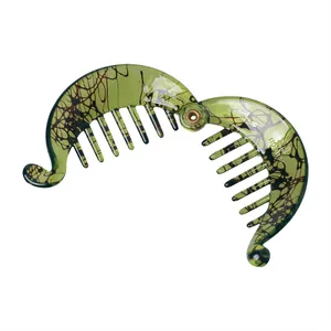 Detail of dark green tortoiseshell banana hair clip with sturdy metal rivet hinges