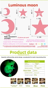 Detailed size chart and specifications for luminous star and moon wall stickers set