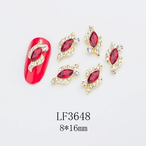 Detail of red marquise crystal nail charms with gold alloy base and 8x16mm size label