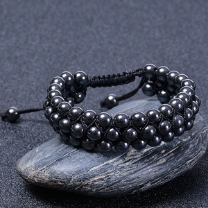 Layered Natural Hematite Stone Bracelet Adjustable Braided Rope Unisex Minimalist Healing Balance Jewelry