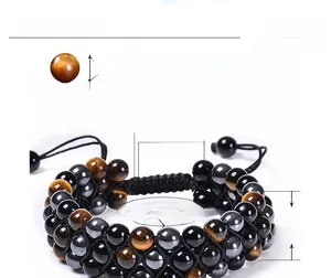 Detailed parameter view of triple layer tiger eye and black onyx beaded bracelet with knot