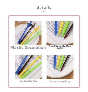 Close-up of cute dinosaur gel pens showing needle point tips and colorful plastic bodies