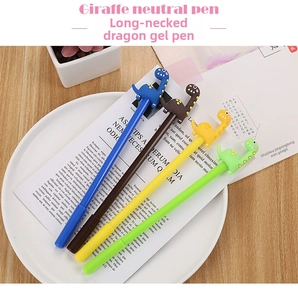 Detailed view of four colorful dinosaur gel pens arranged in a decorative white tray