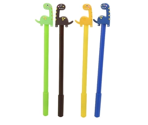 Close-up of four colorful 3D cartoon dinosaur gel pens in green, brown, yellow and blue