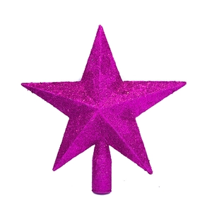 Close-up of glittery magenta star tree topper showing texture and base connector