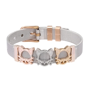 Lindo Brazalete de Malla de Acero Inoxidable Dijes Deslizantes de Cabeza de Gato Tricolor Ajustable Estilo Correa de Reloj Pulsera para Mujeres
