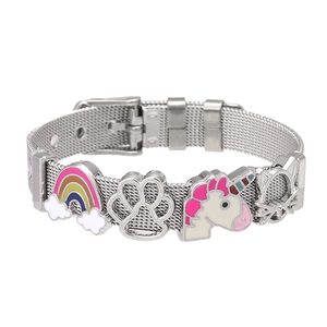 Silver stainless steel mesh bracelet featuring unicorn and enamel rainbow charms