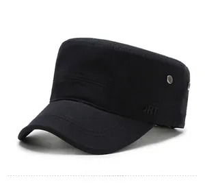 Detail view of black canvas cadet cap with SPORT embroidery and metal side eyelets