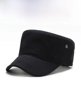 Detail of black cotton military cap with SPORT embroidery and metal air vents